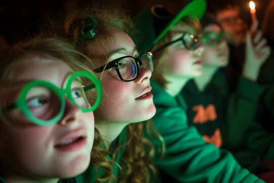 A group of children and teens taking selfies while wearing shamrock colored eye glasses