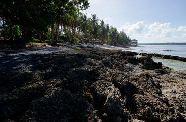 Fototapeta na wymiar Rock and corals at low tide tropical beach