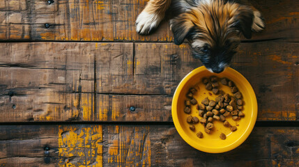 Yellow bowl with dog and cat dry food on a background of a wooden floor. Dog paws and muzzle. Banner, top view, copy space. space for text