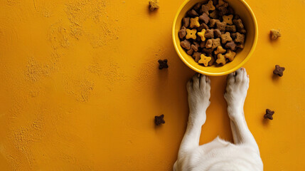 Yellow bowl with dog and cat food on a yellow background. Dog paws and muzzle. Banner, top view,...
