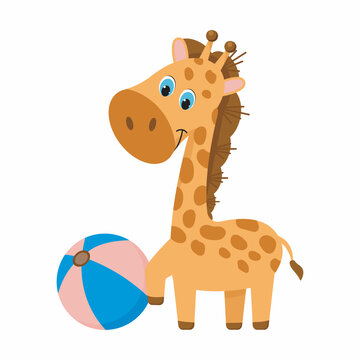 Cartoon vector giraffe.  Cute giraffe on white background. Vector giraffe with ball.