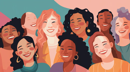 Vibrant flat-style portrait with smiling faces, earth tones, and graphic elements.