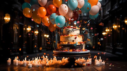 An artistic composition featuring a giant confetti-filled balloon floating above a birthday cake, adding an element of surprise and whimsy to the celebration