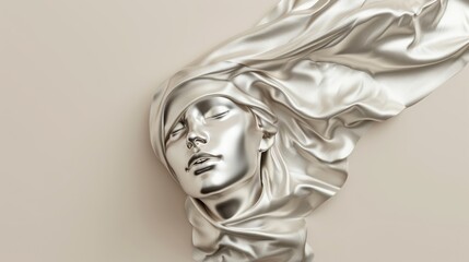 Fashionable aesthetic woman face made of silver metal texture, silky cloth in motion, on beige background with free place for text. Banner for beauty, fashion, makeup or cosmetics product.