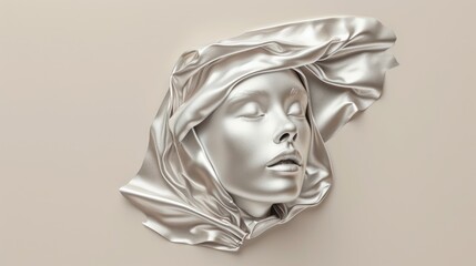 Fototapeta premium Fashionable aesthetic woman face made of silver metal texture, silky cloth in motion, on beige background with free place for text. Banner for beauty, fashion, makeup or cosmetics product.