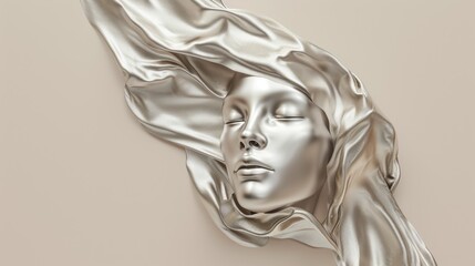 Fototapeta na wymiar Fashionable aesthetic woman face made of silver metal texture, silky cloth in motion, on beige background with free place for text. Banner for beauty, fashion, makeup or cosmetics product.