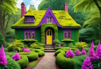 unique house with green and purple sections and a yellow door - obrazy, fototapety, plakaty