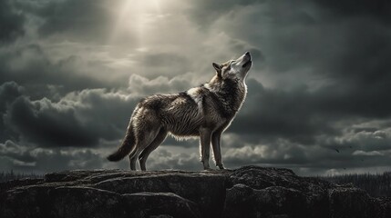 AI generated illustration of a majestic gray wolf atop a rocky outcrop