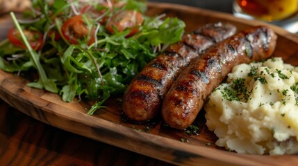 grille Sausage and Mashed potato and Salad greens.