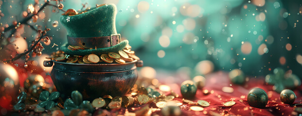 Pot with gold coins around a shamrock hat on a red background - obrazy, fototapety, plakaty