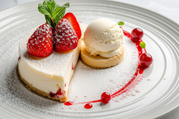 cheesecake with strawberries and vanilla ice cream