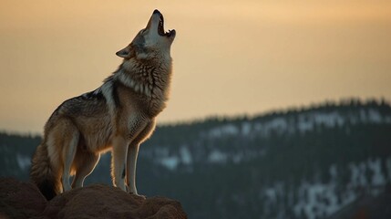 a wolf that is standing on a rock by the trees