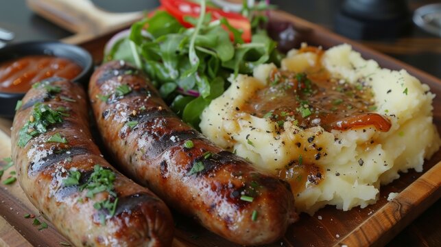 grille Sausage and Mashed potato and Salad greens.