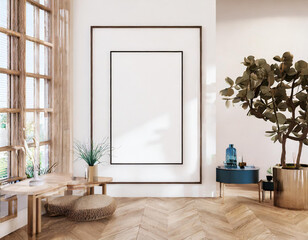 Mockup frame in living room interior, 3d render, reflective glass, glosy frame