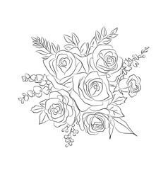A monochromatic line art drawing featuring roses and leaves isolated on transparent background, showcasing the beauty of plant , creative floral arrangement. Rose bouquet outline vector sketch.