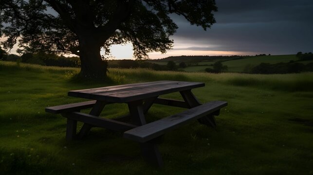 AI generated illustration of a wooden picnic table and bench in a field in the evening