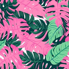 Tropical Monstera Leaves Pattern in Vibrant Pink and Green Hues