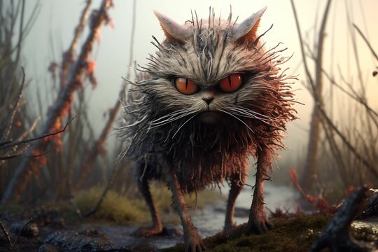 AI generated illustration of an intimidating weird fuzzy cat creature with glowing eyes