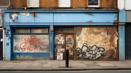 a picture of a storefront with lots of graffiti on the walls
