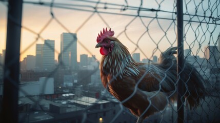 a rooster is perched on a fence near a city skyline