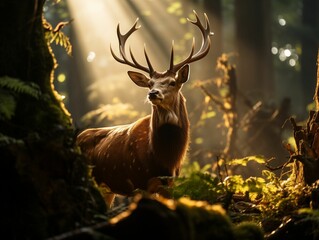 AI generated illustration of a white-tailed deer stands in a tranquil forest