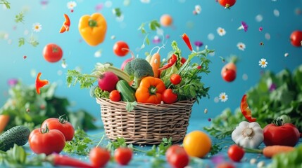 Obraz na płótnie Canvas Picture of various vegetables in a basket on a blue background. Concept of many vegetables and good health