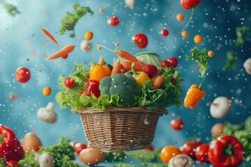 Obraz na płótnie Canvas Advertising photo of vegetables in a basket on a blue background The concept of many kinds of vegetables, bright colors vibrating