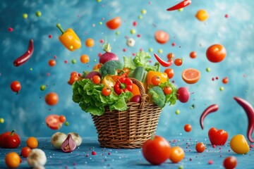 Picture of various vegetables in a basket on a blue background. Concept of many vegetables and good health