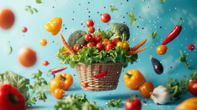 Advertising photo of vegetables in a basket on a blue background The concept of many kinds of vegetables, bright colors vibrating