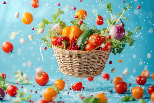 Advertising photo of vegetables in a basket on a blue background The concept of many kinds of vegetables, bright colors vibrating