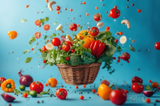 Picture of various vegetables in a basket on a blue background. Concept of many vegetables and good health