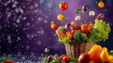 Obraz na płótnie Canvas Various vegetables in a basket on a purple background Many vegetables and healthy food ideas