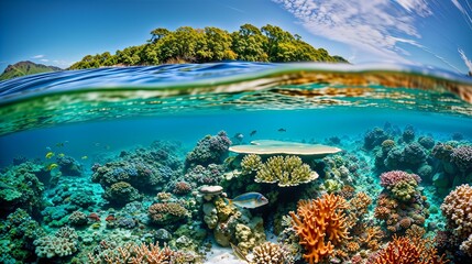 Fototapeta na wymiar AI generated illustration of fish swimming near colorful coral reefs