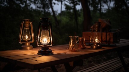 AI generated illustration of two kerosene lamps illuminated on a table at night