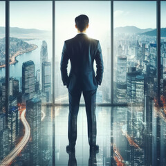 Fototapeta na wymiar businessman is seen from behind, Standing tall against panoramic view