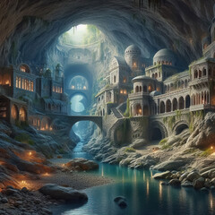 Underground city with river and rooms, fantasy of lost cave town, Surreal mystical fantasy artwork
