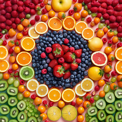 A vibrant array of assorted sliced fruits forming a circular pattern.