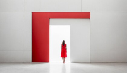 An AI illustration of a woman in red dress standing in an open door towards the light