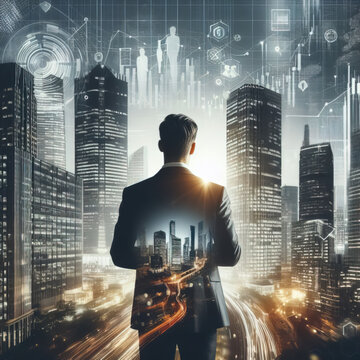 back of businessman in suit with business office glass modern buildings background for economic market stock investment