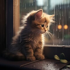 a kitten sitting in a window sill looking out a window - obrazy, fototapety, plakaty