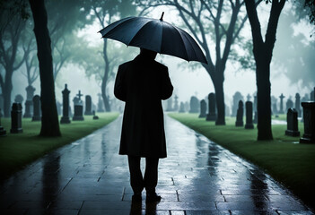 AI-generated illustration of a man with an open umbrella walking in a rainy graveyard setting