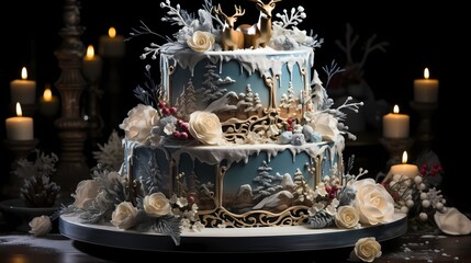 An enchanting Christmas cake that transports you to a winter wonderland, with lifelike edible pine trees, graceful deer figurines, and a gentle layer of edible snow, all beautifully captured in high