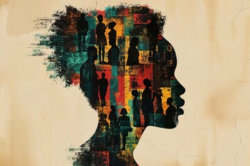 AI-generated illustration of a woman profile with silhouettes in various colors. Black History Month