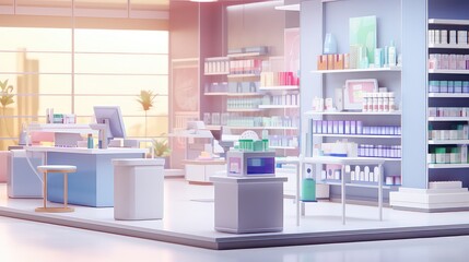 Pharmacy and drugstore interior with people.