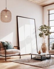 Mockup frame in living room interior, 3d render