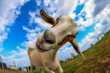 AI-generated illustration of a portrait of a curious goat making eye contact with the camera - obrazy, fototapety, plakaty