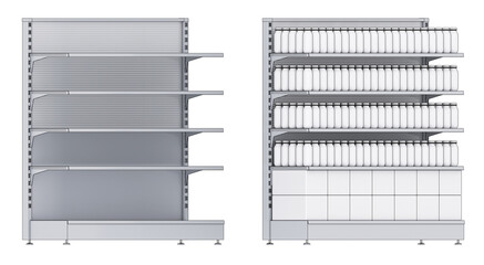 Supermarket rack mockup with blank products and empty rack mockup. 3d illustration set isolated on white
