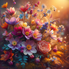 Beautiful blooming flowers. Spring-summer garden, fairy tale nature