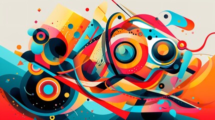 Vibrant circles and dynamic lines dance across a canvas in this psychedelic abstract painting, radiating a modern energy and whimsical cartoon-like charm