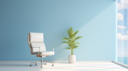 Interior of modern living room with blue walls, white floor, comfortable armchair and palm tree